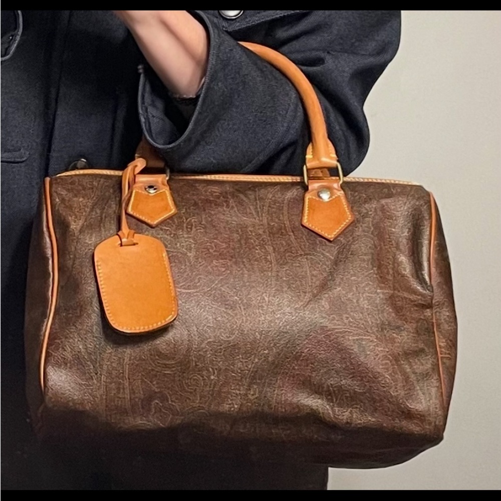 Etro Authentic Vintage Paisley Print and Tan Leather Boston Bag